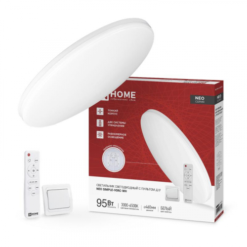 Светильник светодиодный NEO SIMPLE-95RC-WH 95Вт 3000-6500К 7600лм 230В 460х67мм с пультом ДУ бел. IN HOME 4690612060897 Светильник светодиодный NEO SIMPLE-95RC-WH 95Вт 3000-6500К 7600лм 230В 460х67мм с пультом ДУ бел. IN HOME 4690612060897