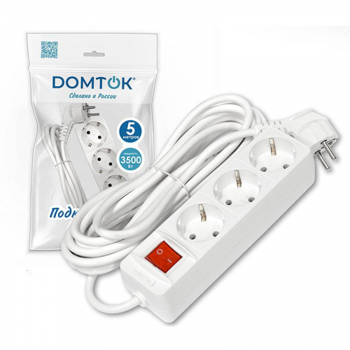 Удлинитель 3х5м с заземл. 16А IP20 3.5кВт ПВС 3х1 с выкл. бел. DOMTOK 2382 фото 2 Удлинитель 3х5м с заземл. 16А IP20 3.5кВт ПВС 3х1 с выкл. бел. DOMTOK 2382 фото 2