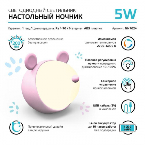 Светильник настольный Qplus 5Вт 2700-6000К 200лм 5В аккум. Li-ion 1200мА.ч диммир. ночник роз. GAUSS NN7024 фото 7 Светильник настольный Qplus 5Вт 2700-6000К 200лм 5В аккум. Li-ion 1200мА.ч диммир. ночник роз. GAUSS NN7024 фото 7