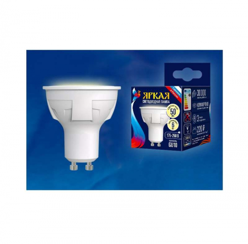 Лампа светодиодная LED-JCDR 6W/WW/GU10/FR PLP01WH Яркая JCDR 6Вт матовая 3000К тепл. бел. GU10 (упак. картон) Uniel UL-00002423 Лампа светодиодная LED-JCDR 6W/WW/GU10/FR PLP01WH Яркая JCDR 6Вт матовая 3000К тепл. бел. GU10 (упак. картон) Uniel UL-00002423