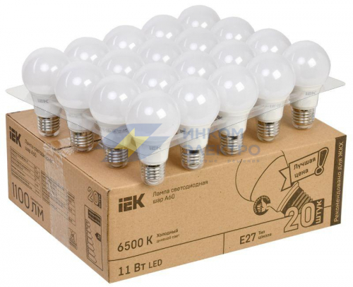 Лампа LED A60 шар 11Вт 230В 6500К E27 (уп.20шт) IEK LLE-A60-11-230-65-E27-20