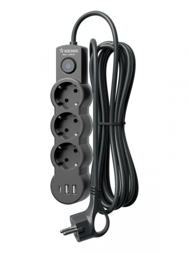 Удлинитель 3х1.5м с заземл. 10А IP20 USB 2800Вт 220В ПВС 3х1 с выкл. черн. КОСМОС YKsm1.5m3g-Z-VU10А-B фото 3