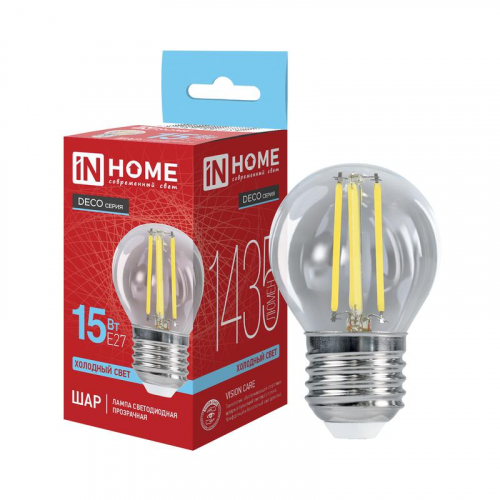 Лампа светодиодная LED-ШАР-deco 15Вт шар прозрачная 6500К E27 1435лм 230В IN HOME 4690612063379 Лампа светодиодная LED-ШАР-deco 15Вт шар прозрачная 6500К E27 1435лм 230В IN HOME 4690612063379