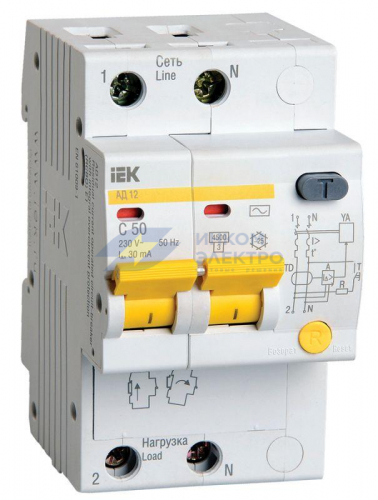 Выключатель автоматический дифференциального тока 2п C 50А 30мА тип AC 4.5кА АД-12 IEK MAD10-2-050-C-030