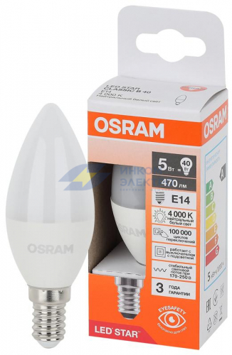 Лампа светодиодная LED Star 5Вт (замена 40Вт) свеча 4000К E14 470лм OSRAM 4058075696082