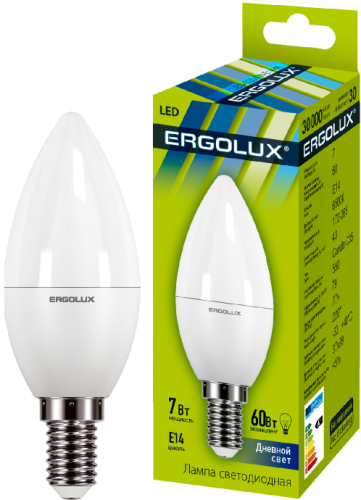 Лампа светодиодная LED-C35-7W-E14-6500K "Свеча" 172-265В Ergolux 12874 фото 2