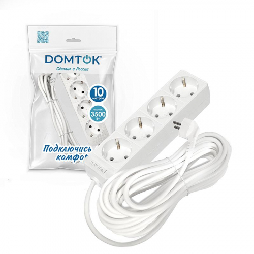 Удлинитель 4х10м с заземл. 16А IP20 3.5кВт ПВС 3х1 бел. DOMTOK 2395 фото 2 Удлинитель 4х10м с заземл. 16А IP20 3.5кВт ПВС 3х1 бел. DOMTOK 2395 фото 2