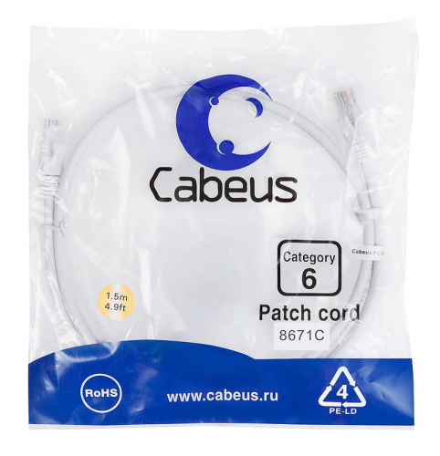 Патч-корд U/UTP кат.6 PC-UTP-RJ45-Cat.6-1.5m-WH 2xRJ45/8p8c неэкранир. PVC 1.5м бел. Cabeus 8671c Патч-корд U/UTP кат.6 PC-UTP-RJ45-Cat.6-1.5m-WH 2xRJ45/8p8c неэкранир. PVC 1.5м бел. Cabeus 8671c