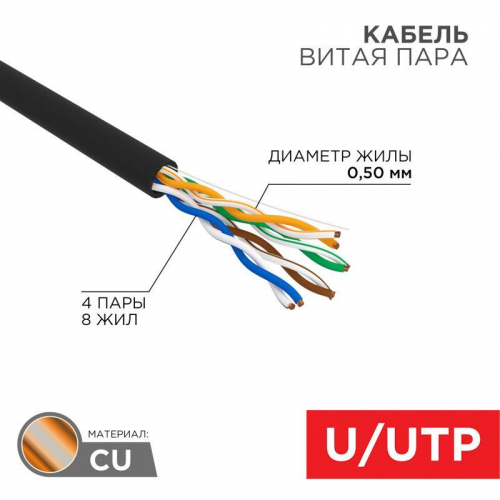 Кабель витая пара U/UTP кат.5E 4х2х24AWG solid CU PE Outdoor черн. (м) Rexant 01-0045 фото 10