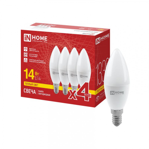 Лампа светодиодная LED-СВЕЧА-VC 4PACK 14Вт свеча 3000К E14 1330лм 230В (уп.4шт) IN HOME 4690612063119 Лампа светодиодная LED-СВЕЧА-VC 4PACK 14Вт свеча 3000К E14 1330лм 230В (уп.4шт) IN HOME 4690612063119
