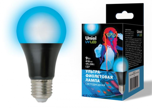 Лампа светодиодная LED-A60-9W/UVAD/E27/FR PLZ07BK 410нм ультрафиолетовая для дискотек спектр UVA картон Uniel UL-00005855 Лампа светодиодная LED-A60-9W/UVAD/E27/FR PLZ07BK 410нм ультрафиолетовая для дискотек спектр UVA картон Uniel UL-00005855