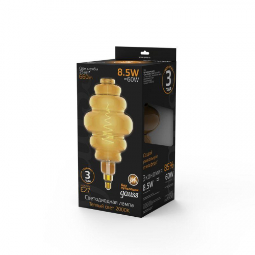 Лампа светодиодная филаментная Black Filament 8.5Вт Honeycomb золотая 2000К тепл. бел. E27 660лм GAUSS 161802105 фото 4