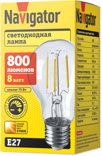 Лампа светодиодная 61 623 NLL-F-A60-8-230-2.7K-E27-DIMM 8Вт грушевидная прозрачная 2700К тепл. бел. E27 800лм 220-240В Navigator 61623 фото 2