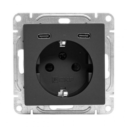 Розетка СП Эпика 16А с 2 USB-C с заземл. защ. шторки механизм черн. EKF UP1-SOB-111-2USBC фото 2