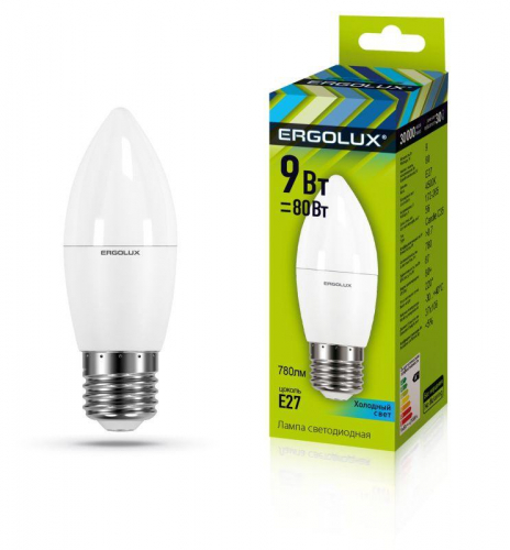 Лампа светодиодная LED-C35-9W-E27-4К 9Вт свеча 4000К нейтр. бел. E27 172-265В Ergolux 13171 Лампа светодиодная LED-C35-9W-E27-4К 9Вт свеча 4000К нейтр. бел. E27 172-265В Ergolux 13171