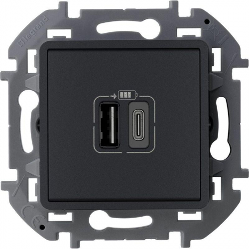 Устройство зарядное Inspiria с 2-мя USB разьемами A и C 240В/5В 3000мА антрацит IEK 673763