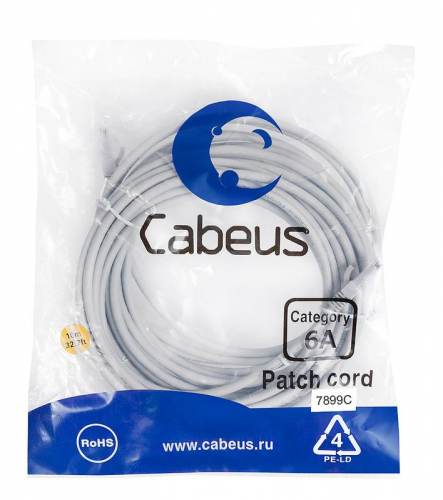 Патч-корд U/UTP кат.6A PC-UTP-RJ45-Cat.6a-10m-LSZH 2xRJ45/8p8c неэкранир. LSZH (10G) 10м сер. Cabeus 7899c