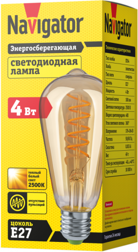Лампа светодиодная 61 628 NLL-F-ST64-4-230-2.5K-E27-SPIRAL 4Вт грушевидная прозрачная 2500К тепл. бел. E27 180лм 176-264В Navigator 61628 фото 2