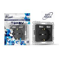 Розетка 1-м СП Pixel IP20 с заземл. с 2-мя заряд. устр. USB тип A+A механизм карбон TOKOV ELECTRIC TKE-PX-R1U2A-C14