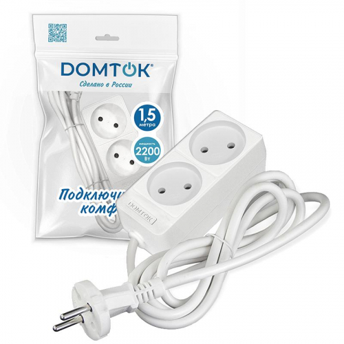 Удлинитель 2х1.5м без заземл. 10А IP20 2.2кВт ПВС 2х1 бел. DOMTOK 2344 фото 2