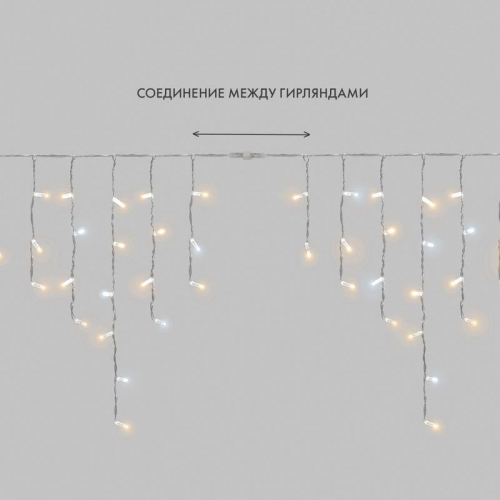 Гирлянда светодиодная "Айсикл" (бахрома) 4.8х0.6м 176LED тепл. бел. 230В IP65 эффект мерцания провод ПВХ прозр. нужен шнур 303-500-1 Neon-Night 255-186 фото 9