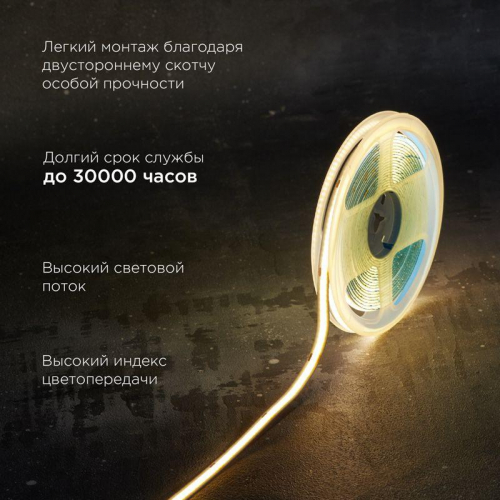 Лента светодиодная 24В COB 8Вт/м 320 LED/м 3000К 8мм IP20 (уп.5м) Rexant 147-110 фото 2 Лента светодиодная 24В COB 8Вт/м 320 LED/м 3000К 8мм IP20 (уп.5м) Rexant 147-110 фото 2