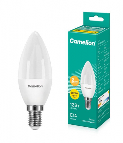 Лампа светодиодная LED12-C35/830/E14 12Вт свеча матовая 3000К тепл. бел. E14 150-265В Camelion 13687