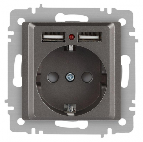 Розетка 1-м СП Accent 6-410-09 16А IP20 250В P+E Schuko + 2хUSB защ. шторки титан Intro Б0063711 Розетка 1-м СП Accent 6-410-09 16А IP20 250В P+E Schuko + 2хUSB защ. шторки титан Intro Б0063711