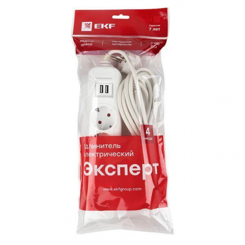 Удлинитель 4х5м 16А IP20 Эксперт 3.5кВт 2хUSB 2.1А ПВС 3х1 PROxima EKF UBA16-2USB-4-05i фото 4