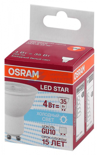 Лампа светодиодная LED Star PAR16 3536 4W/840 230V GU10 PAR16 4Вт прозрачная 4000К нейтр. бел. GU10 265лм 220-240В пластик. (замена 35Вт) OSRAM 4058075481374 фото 2