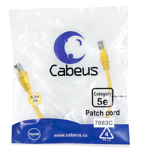 Патч-корд U/UTP кат.5E PC-UTP-RJ45-Cat.5e-0.3m-YL 2xRJ45/8p8c неэкранир. PVC 0.3м желт. Cabeus 7663c Патч-корд U/UTP кат.5E PC-UTP-RJ45-Cat.5e-0.3m-YL 2xRJ45/8p8c неэкранир. PVC 0.3м желт. Cabeus 7663c